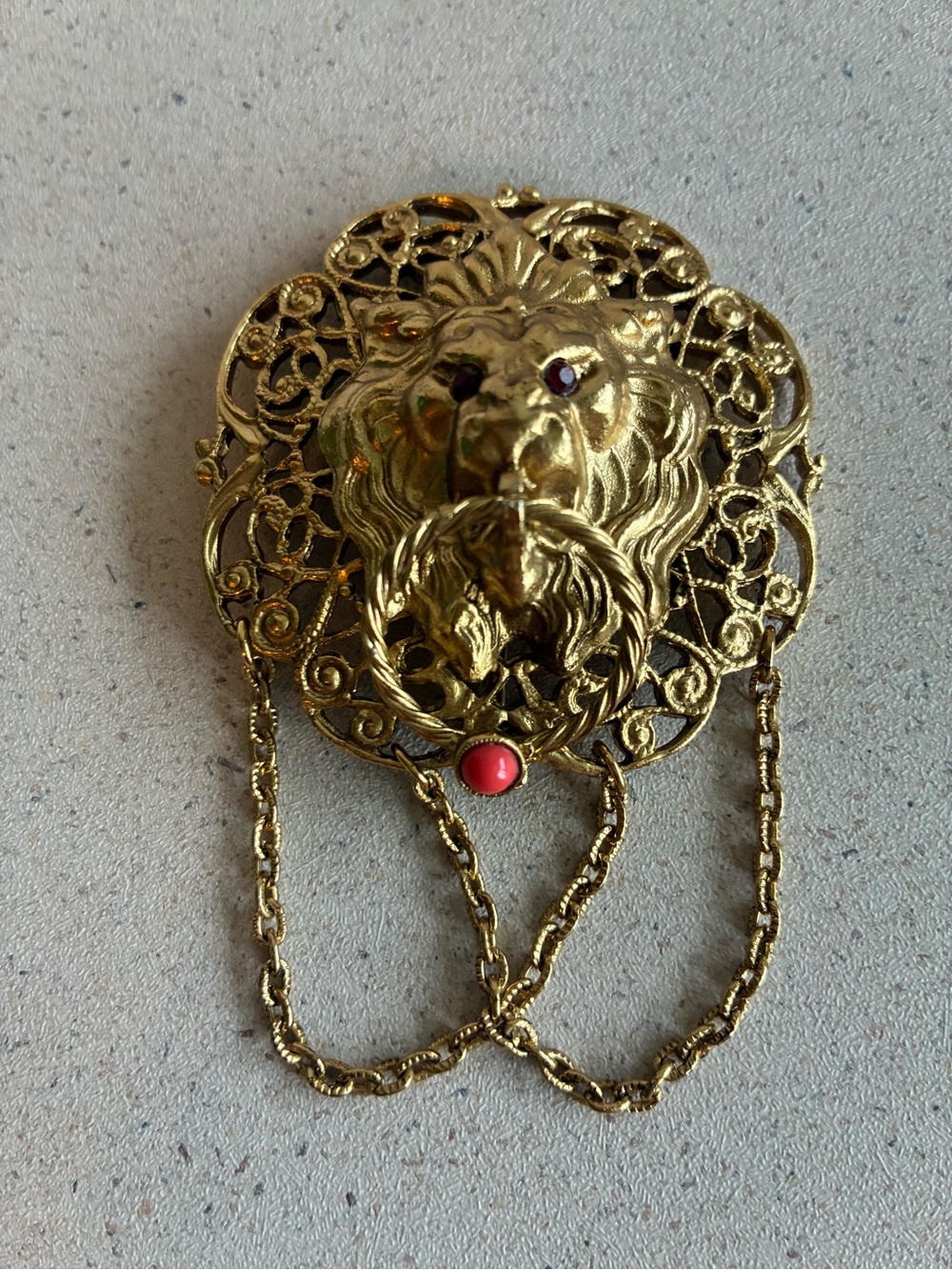 Vintage Gold Tone Lion Head Door Knocker Brooch